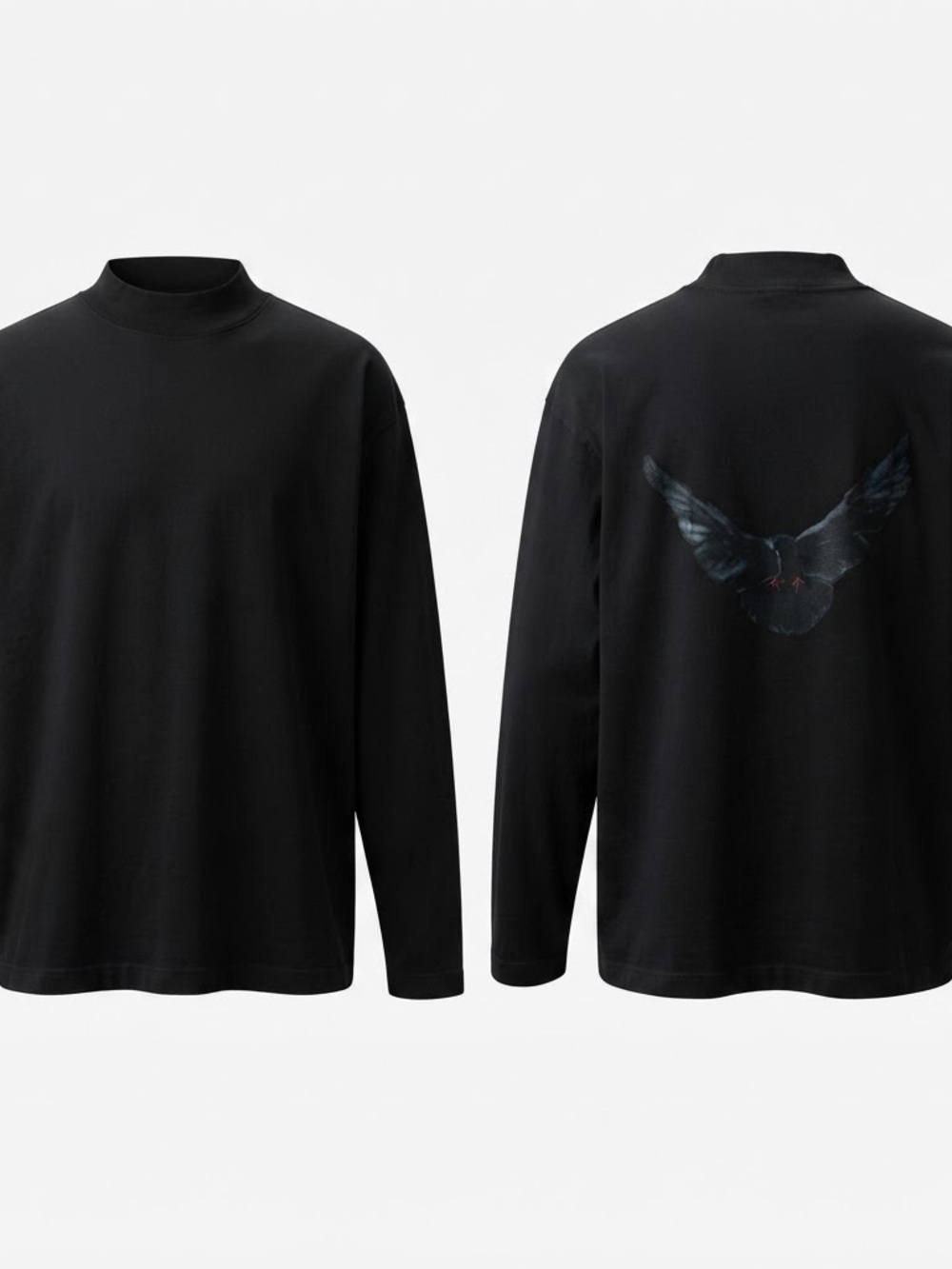 Yeezy Black Long-Sleeve Mock Neck Shirt with Subtle Back Dove Graphic small